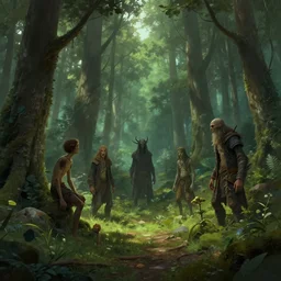 freaks of a forest clearing, fantasy art, environment design, concept artist cinematic lighting, artstation, art by alex heywood