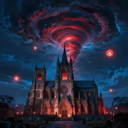 old cathedral, glowing balls, tornado, clouds, surrealism, dark atmosphere, blue color, dark red color, glowing orbs, glowing lights, surreal, infographic, epic fantasy, digital art, concept art, detailed illustration, hd, 4 k, highly saturated colors, digital art, mike franchina, trending on artstation