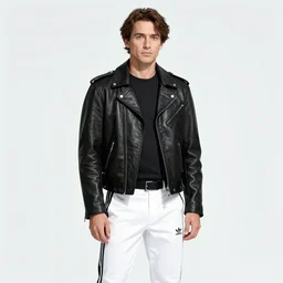 gopnik in a black leather jacket,  white Adidas pants. anime