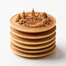 carved wooden pancake stack, high detail macro photography, isolated on a pure white background, centered, entire object in frame, sharp focus, soft studio lighting