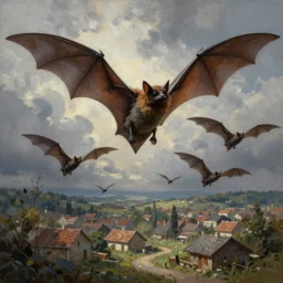 realistic painting of giant bats flying in the village