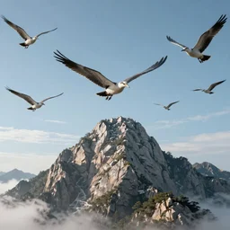 A flying mountain on the sky surrounded by birds with human heads.