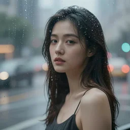 a beautiful woman photographed through a rainy window, bokeh,