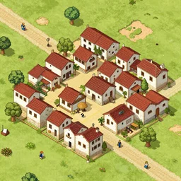 A Spanish village. 2D videogame concept art.