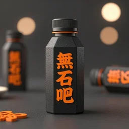 organic geodesic drink container, kanji decals, black and orange colour palette, octane render, bokeh, depth of field, product shot