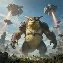 highly detailed elden ring portrait photo of a huge slaking in a scenic dystopian environment. a fleet of even bigger massive spacecrafts lift off in the background, starting engines nitro jet drive, hyperrealistic illustration by william didier - pouget