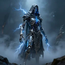 character design, biomechanical arcanist, tattered hood, anatomical correct hearth, blue lightning, blue mist, fog, scary, photorealistic, cinematic, hyper realistic, octane render, 8 k, wide angle