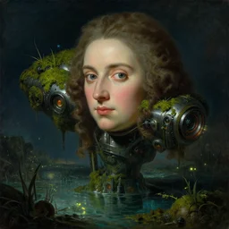 a close - up rococo portrait of a dream bot mothership in water, moss, and swamp. fireflies, night time. rich colors, high contrast. gloomy, highly detailed 1 8 th century sci - fi fantasy masterpiece painting by jean - honore fragonard, moebius, and johfra bosschart. artstation