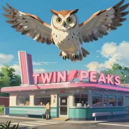 Twin Peaks movie poster artwork by Tomer Hanuka Rendering of old 1950s RR Diner (from Twin Peaks) with an giant owl floating above it, full of details, by Makoto Shinkai and thomas kinkade, Matte painting, trending on artstation and unreal engine