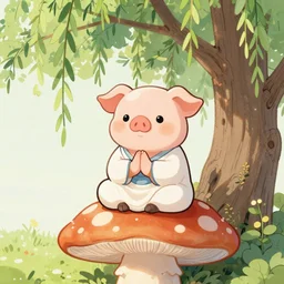 “ cute buddha - like pig meditating on top of a large mushroom, large willow tree in the background. ”