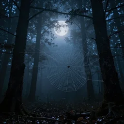 a haunted forest, fog, webs, moonlight