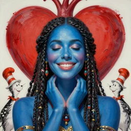 a beautiful portrait of a blue - skinned female shaman smiling with eyes closed feeling deep love for herself, a heart in the background, symetrical, designed by dr seuss and michal karcz, by cyril rolando and asher durand and natalie shau