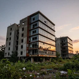 brutalist architecture by Le Corbusier, abandoned buildings, empty streetscapes, surrounded by lush green vegetation, ground-level view, stunning volumetric lighting, sunset, rusted steel, solid concrete, glass, stunning skies, scattered rubbish, 8k, photorealistic, hyper detailed, unreal engine 5, IMAX quality, cinematic quality, beautifully illustrated, sharp focus, minimal artifacts, in the style of DOOM and Greg Rutkowski, trending on Artstation