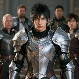 male with black short hair and green eyes wearing paladin armor by Greg Rutkowski, Sung Choi, Mitchell Mohrhauser, Maciej Kuciara, Johnson Ting, Maxim Verehin, Peter Konig, final fantasy , mythical, 8k photorealistic, sexy, hot, cinematic lighting, HD, high details