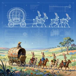 caravan of rabbit merchant nomads traveling through a psychedelic landscape, in the style of Greg Broadmore and Arthur Rackham and Moebius, trending on artstation, light lighting side view,digital art,surrealism ,macro,blueprint ,vaporwave ,