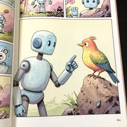 comic book page about a robot talking to a bird ultra detailed in pastel colors