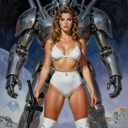 A mixed media portrait painting of a very beautiful light-brown-haired woman on an alien planet, very curvy, aesthetic! high-waisted white-bikini and boots, starship-troopers-rifle, bombshell, aesthetic symmetrical face and eyes, model, wet, pacific-rim-mech in background, by Frank Frazetta, Boris Vallejo, Beeple, Greg Rutkowski, Christian MacNevin, eighties pinup style, goddess, epic fantasy character art, high fantasy, CGsociety, exquisite detail, post-processing, masterpiece, cinematic