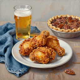 fried chicken, cold beer, pair of jeans, georgia pine and peach, pecan pie oil on canvas