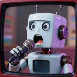 photograph of a surprised cute crazy robot screaming into a microphone, 1 9 9 0 s tv, vhs texture, thrilling reality tv, film still, realistic render