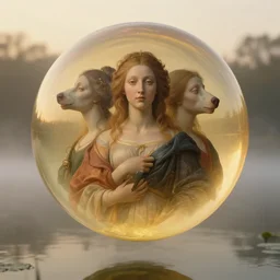 a closeup portrait of a three - headed woman, floating in huge levitating luminescent orb, in a foggy pond, golden hour, by jan van eyck, canon eos c 3 0 0, ƒ 1. 8, 3 5 mm, 8 k, medium - format print