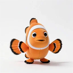 plush toy clownfish, photorealistic wildlife photography, full body, isolated on a pure white background, centered, entire subject in frame, sharp focus, soft studio lighting