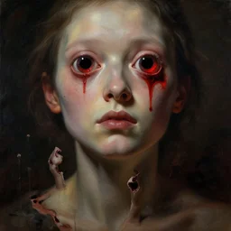 a person with giant bloody holes in their eyesockets instead of eyes, arms and legs ripped off, full body picture, zdzisław beksinski, keith thompson