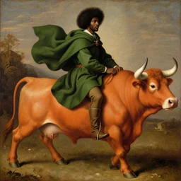 black man with afro hair wearing an army green cloak, riding!!! an orange!! bull!!!, renaissance style painting, stunning detail and accuracy