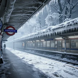 london underground tube station covered in ice and snow, screenshot from the game'crysis'