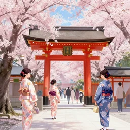 a beautiful picture of sakura blooming in the shrine, girls in kimonos, by greg rutkowski and thomas kinkade, trending on artstation