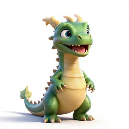 jovial baby dragon hatching, stylized pixar-style 3d render, full body, standing, isolated on a pure white background, centered, whole figure in frame, sharp focus, studio lighting
