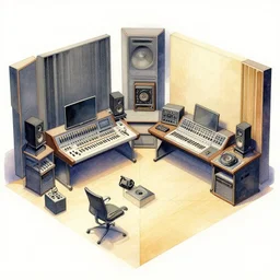 a beautiful illustration of futuristic interior layout of music studio, audio equipments, mc escher, isometric, big medium small, golden ratio, in watercolor gouache detailed paintings, in style of syd mead, trending on artstation, 8 k, panel, hard surface, vent, zaha hadid, props, cozy, decoration, simon stalenhag, deus ex
