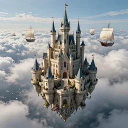 aerial view floating castle in the sky. flying sail boat. cloud wall in the background, art by greg rutkowski and magali villeneuve, d & d, fantasy, highly detailed, digital painting, trending on artstation, concept art, sharp focus, illustration
