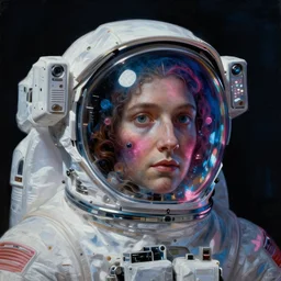 a close - up view, renaissance portrait of a space astronaut with face surrounded by nebula. transparent glass, space suit and reflections on it. deep blue and pink tones. gloomy dark black background. highly detailed fantasy science fiction portrait painting by syd mead and mikhail vrubel. rich colors, high contrast. artstation