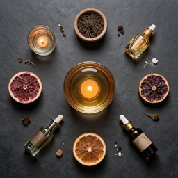 flat lay, knolling of the mystical ingredients of a magical love potion, high quality studio photograph in fantasy style.