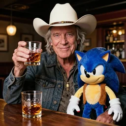 willie nelson has a whiskey at a pub with sonic the hedgehog in a vest wearing a cowboy hat, photography 4 k