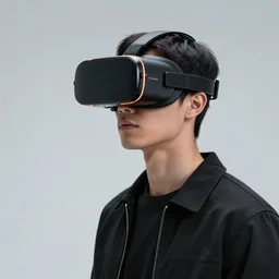 a stylish young man wearing a cyberpunk virtual reality headset in the style of giorgetto giugiaro, orange glowing edges, insanely integrate, 8 k, productphoto, full shot, studiolight