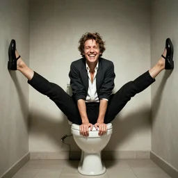 smiling Jean Claude Vandamme, doing the splits over a toilet, dramatic lighting, award winning, octane, imaginative, fantasy