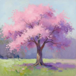 a pink and purple tree in the style of Bob Ross