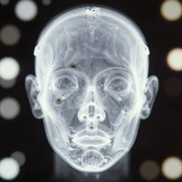 realistic object photo of a face made pure transparent plastic white, bokeh, grain, man ray, x - ray, electronic microscope, front view, symmetric 1 9 9 0, life magazine photo