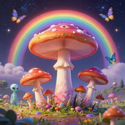 psychedelic mushrooms, enchanted alien world, mushrooms on the ground, aliens, galaxy in the sky, butterflies, occult, illuminati, third eye, rainbows, bright colors, psychedelic, vector art, honeycomb, dripping, fire, high contrast, fantasy poster by helen huang and frank frazetta and salvador dali and norman rockwell, anime style 4 k