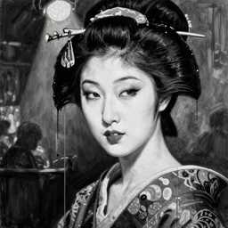 highly detailled black and white realistic painting of a geisha, night club, harmony, beautiful face, rule of thirds, spotlight, drips of paint, expressive, passionate, by jenny saville, by greg rutkowski, by lucian freud, by jeremy mann, digital painting, charcoal