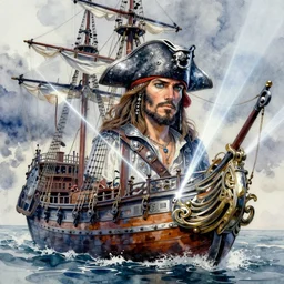 pirate galleon, pinterest, artstation trending, behance, watercolor, by coby whitmore, silver, laser light,