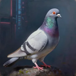 A pigeon, oil painting, cyberpunk, 4k, soft lighting, in the style of Jeremy Mann and Marc Simonetti, magical realism