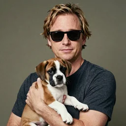 50mm photo, Owen Wilson wearing sun glasses, holding a boxer puppy