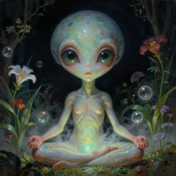 a neoclassicist close - up portrait of a big - eyed otherworldly alien girl meditating with plants and flowers in a garden at night with glowing bubbles. reflective textures. glowing fog. highly detailed fantasy science fiction painting by moebius, norman rockwell, frank frazetta, and syd mead. rich colors, high contrast, gloomy atmosphere, dark background. artstation
