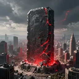 a huge 1 0 0 0 meters towering and broken black stone tablet with red light stands in the center of a prosperous city at the end of the world, and the energy is released, secret, mysterious, doomsday, landscape, video game control, quantum break, arknights