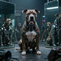 cyborg - pitbull surrounded by mirrors, in 2 0 5 5, y 2 k cybercore, industrial low - light photography, still from a ridley scott movie