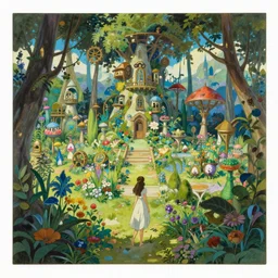 A beautiful painting of a utopian garden and forest steampunk landscape by Alfons Maria Mucha and Julie Dillon and Makoto Shinkai