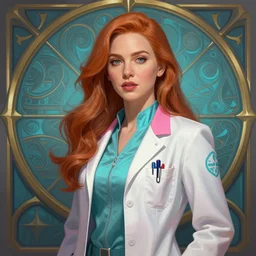 christina hendricks as a confident scientist, wearing a labcoat, cyan pink and white color scheme, deep focus, d & d, fantasy, intricate, elegant, highly detailed, digital painting, artstation, concept art, matte, sharp focus, illustration, hearthstone, art by artgerm and greg rutkowski and alphonse mucha