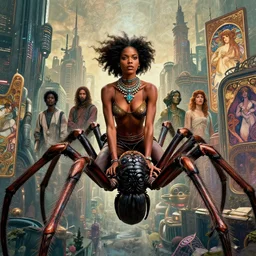 realistic detailed portrait movie shot of a beautiful black woman riding a giant spider, dystopian city landscape background by denis villeneuve, amano, yves tanguy, alphonse mucha, max ernst, ernst haeckel, kehinde wiley, jean delville, david lynch, roger dean, cyber necklace, rich moody colours, sci fi patterns, dramatic, wide angle